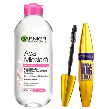 Set Mascara Maybelline New York Volum' Express The Colossal Big Shot Black, 9.5 ml + Apa micelara Garnier Skin Naturals pentru ten sensibil, 400 ml Set Mascara Maybelline New York Volum' Express The Colossal Big Shot Black, 9.5 ml + Apa micelara Garnier Skin Naturals pentru ten sensibil, 400 ml
