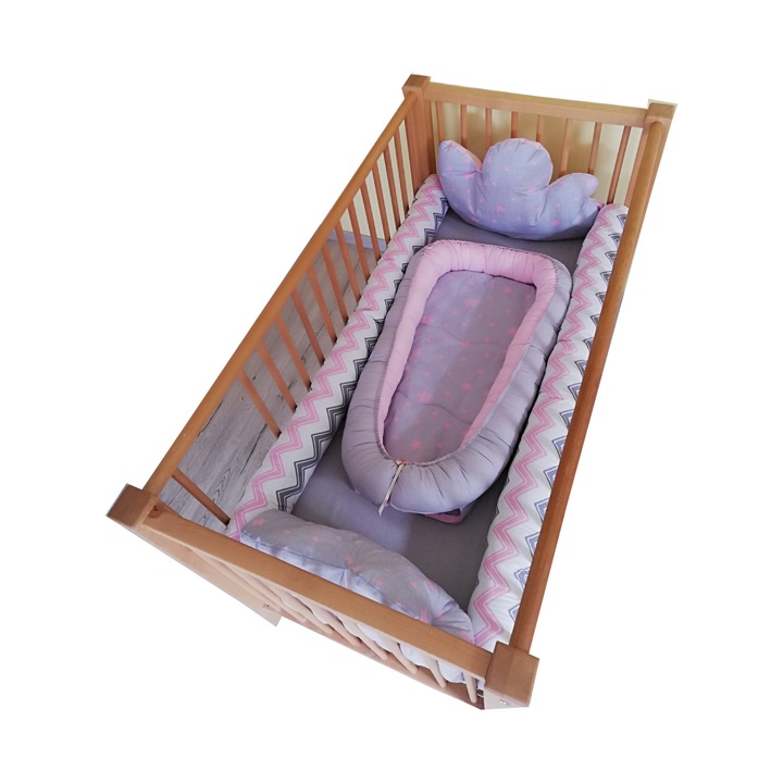 Lenjerie bumbac patut bebelusi si Baby Nest 2in1, Model stelute si norisori roz-gri , 9 piese