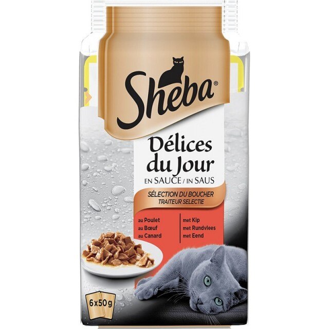 Hrana umeda pentru pisici Sheba Mini Selectii, Pasare, Peste si Vita, 6x50g
