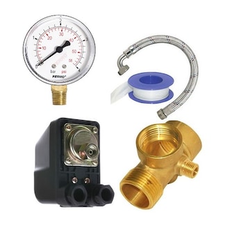 Kit asamblare hidrofor, presostat cu piulita olandez, manometru, racord 5 cai, racord flexibil, banda teflon Kit asamblare hidrofor, presostat cu piulita olandez, manometru, racord 5 cai, racord flexibil, banda teflon
