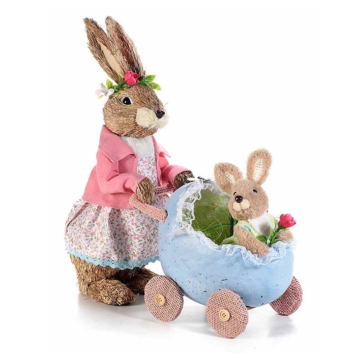 Фигурка Великденско зайче с количка, Естествени влакна, 40 см x 14 см x 42H