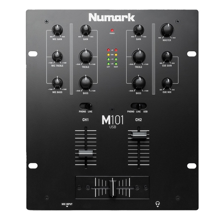 Mixer analog 2 canale, Numark M101USB, Egalizator, 4 x RCA, negru, Jack 3.5 mm