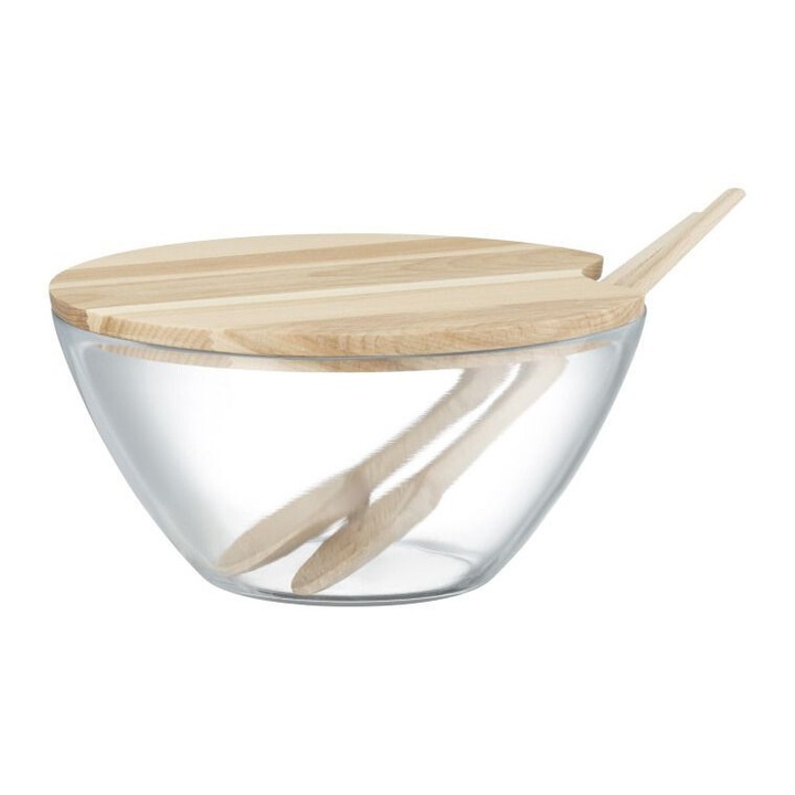 Salatiera cu tacamuri si capac lemn 23cm, AMBITION Natural