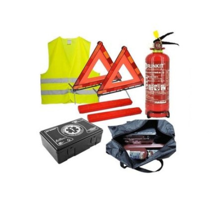 Комплект за безопасност - медицински комплект, 2x триъгълника, пожарогасител, светлоотразителна жилетка, чанта за съхранение