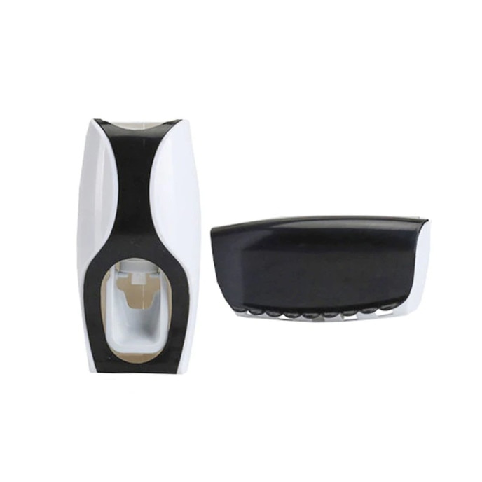 Dozator, dispenser pentru pasta de dinti si suport pentru 5 periute de culoare alba cu negru