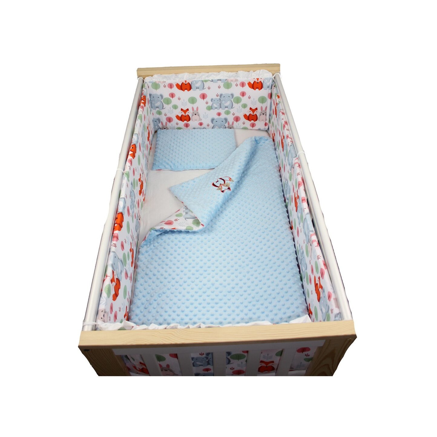 Lenjerie 5 piese, minky albastru, Vulpita si elefantelul, 120x60cm