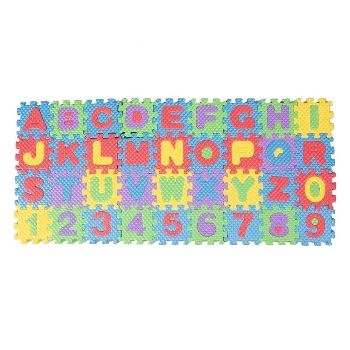 Covor puzzle cu cifre si litere pentru copii, 4 X 4 cm, Multicolor, set 36 piese