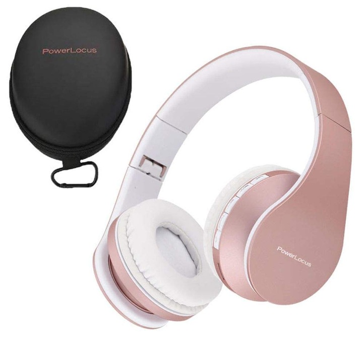 Bluetooth Слушалки PowerLocus Over-Ear Сгъваеми стерео Слушалки с Micro SD/TF слот, FM и Микрофон Розово Злато + Калъф за пътуване