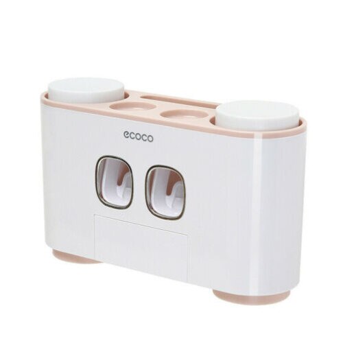 Dozator pasta de dinti cu 4 pahare si suport 5 periute, culoare roz cu alb