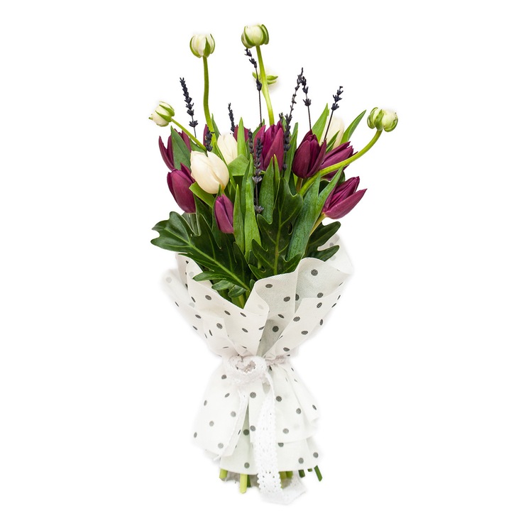 Buchet de primavara cu lalele si ranunculus, Splendor, Multicolor, 24X52 cm