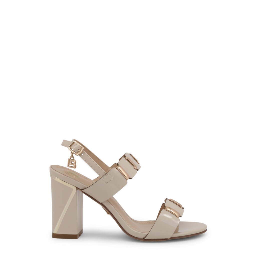Sandale Laura Biagiotti cu aspect lacuit si aplicatii metalice, Beige