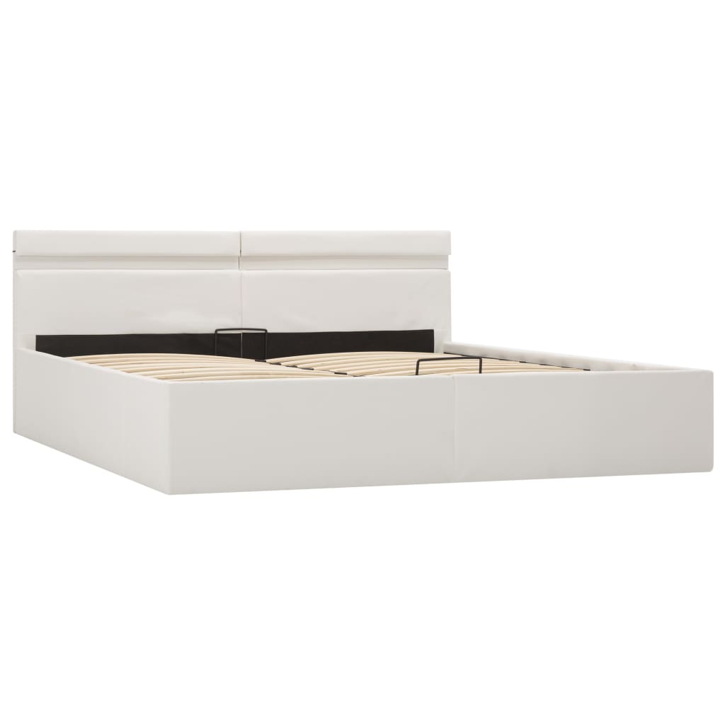 Cadru de pat dublu, hidraulic, tapitat cu lada si LED, vidaXL, Piele ecologica/Otel/MDF, 180 x 200 cm, Alb
