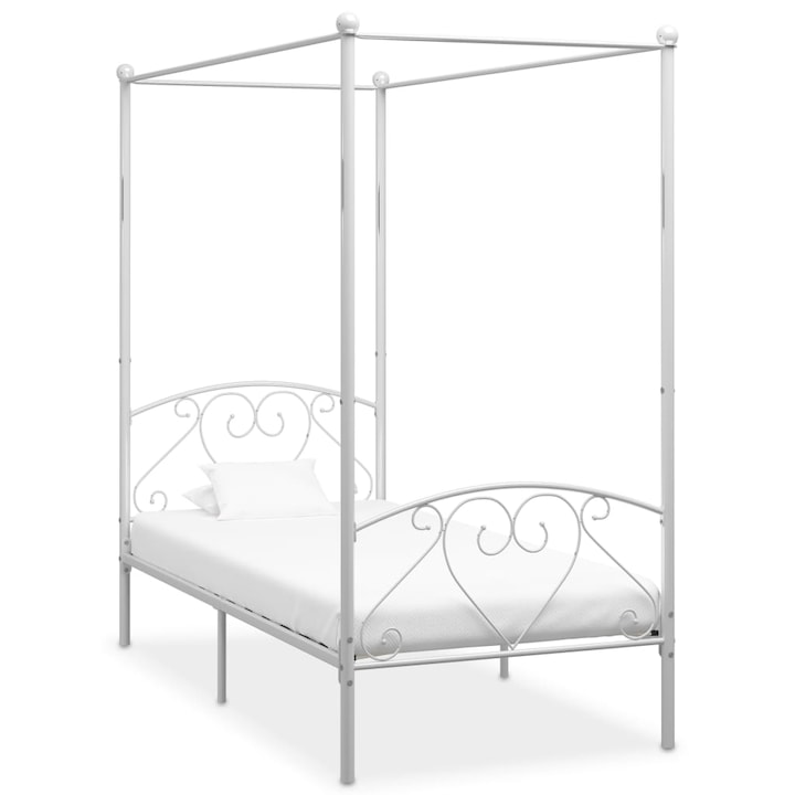 Cadru de pat cu baldachin vidaXL, alb, 120 x 200 cm, metal, 21.3 kg