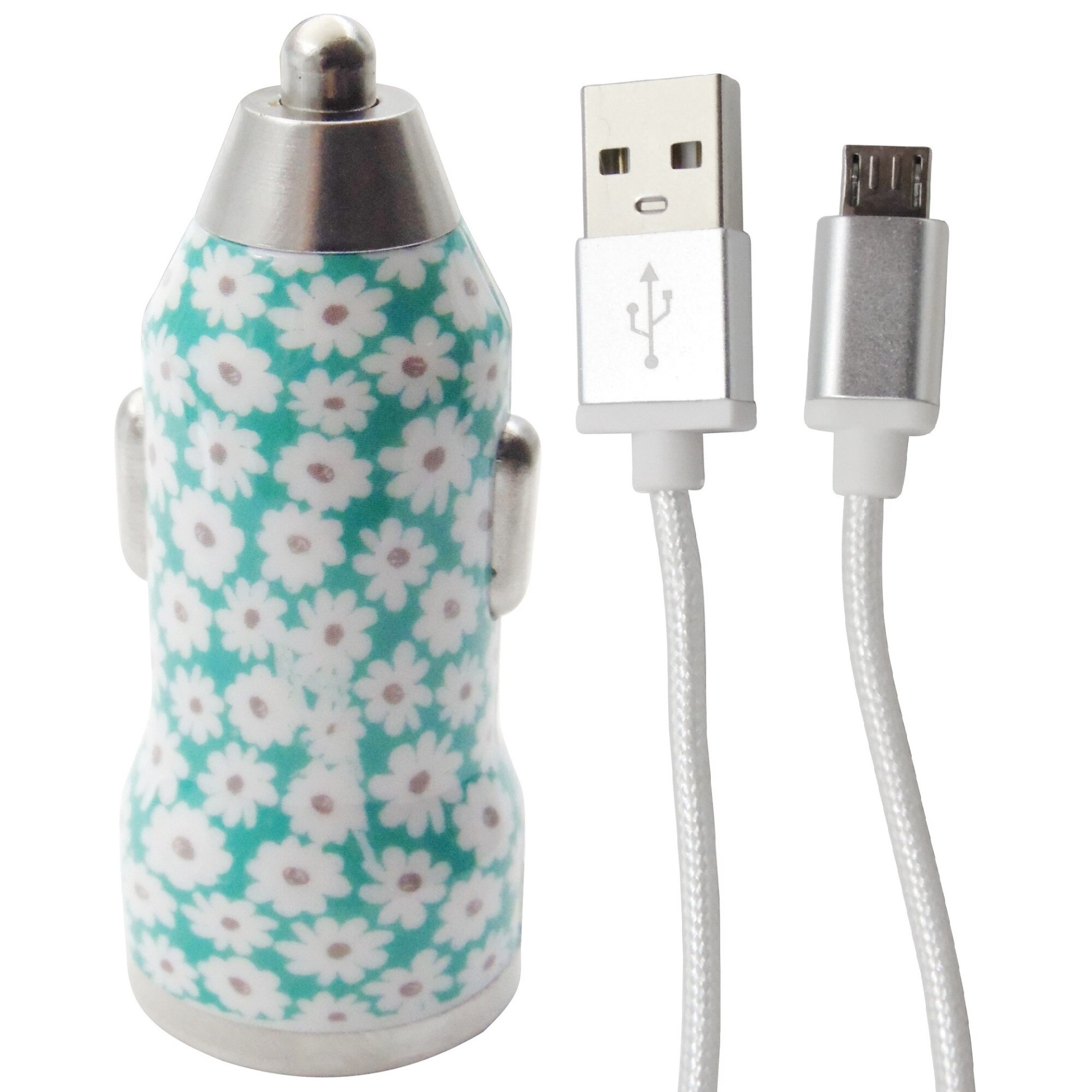 Incarcator auto Trendz Bullet Ditsy Floral, 2.1 A, port USB + cablu USB / microUSB, verde cu flori albe