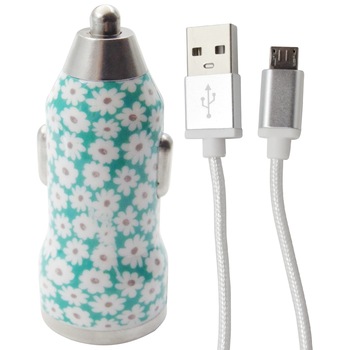 Incarcator auto Trendz Bullet Ditsy Floral, 2.1 A, port USB + cablu USB / microUSB, verde cu flori albe Incarcator auto Trendz Bullet Ditsy Floral, 2.1 A, port USB + cablu USB / microUSB, verde cu flori albe
