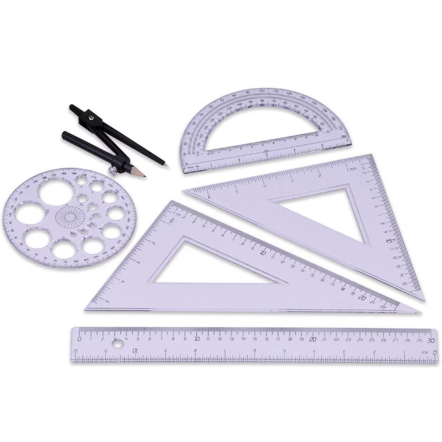 Set de geometrie, Zola®, din plastic, 6 bucati mari, albe transparente