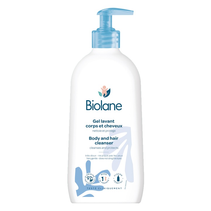 Измиващ гел за коса и тяло Biolane, За бебета, 97% съставки от естествен произход, 350 мл