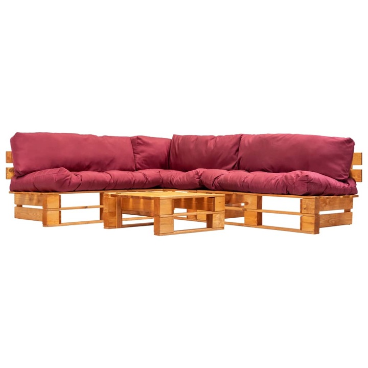 Set mobilier gradina din paleti cu perne rosii, 4 piese, lemn