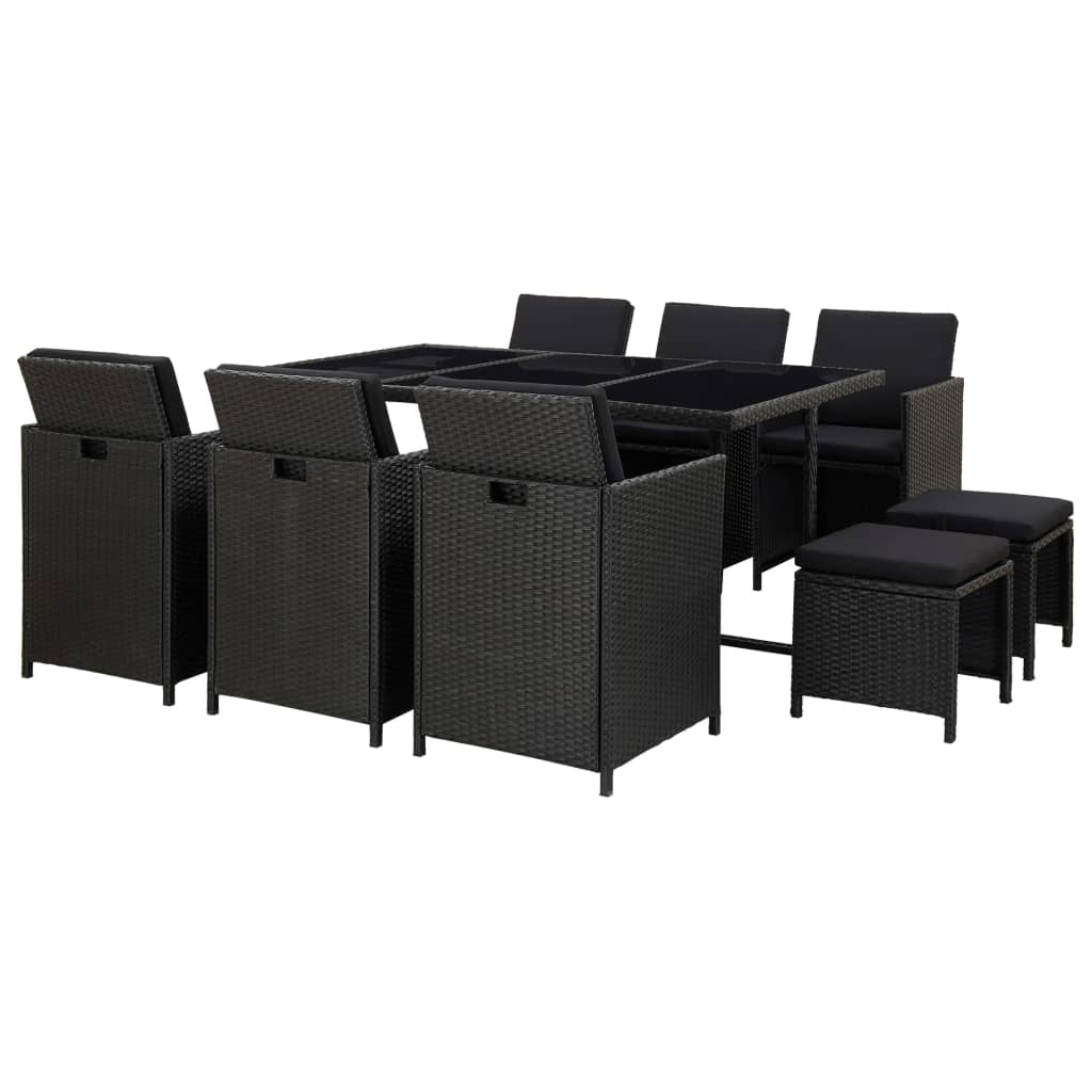 Set mobilier de gradina 11 piese masa cu scaune si tabureti, vidaXL, Poliratan/sticla, 167 x 109 x 74 cm, Negru