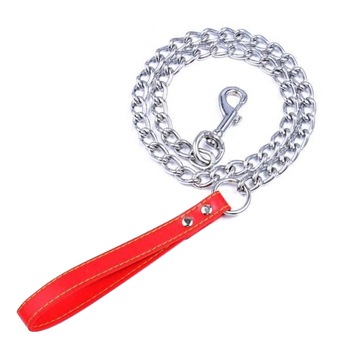Lesa din lant cromat pentru caini 3 mm x 120 cm Pufo, rezistent, maner piele, Argintiu/Rosu Lesa din lant cromat pentru caini 3 mm x 120 cm Pufo, rezistent, maner piele, Argintiu/Rosu