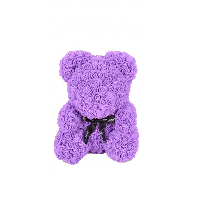 Rózsából készült mackó, Színes virágok, Lila, Díszdoboz, 40 cm