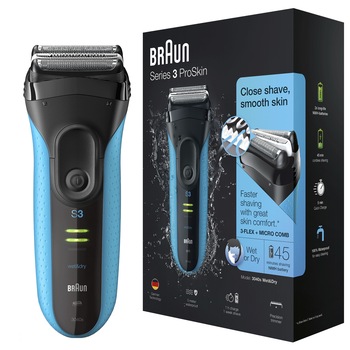 Aparat de ras electric Braun Series 3 3040s ProSkin Wet&Dry, MicroComb, Negru/Albastru Aparat de ras electric Braun Series 3 3040s ProSkin Wet&Dry, MicroComb, Negru/Albastru