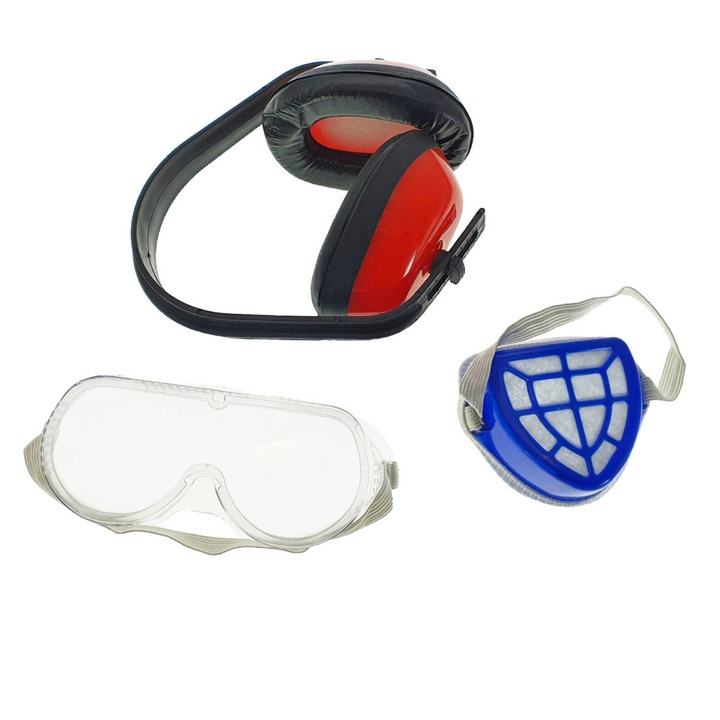 Set protectie fonica, vizuala si respiratorie, COM-11301, casca fonica, ochelari de protectie si masca anti-praf Universal 280 mm