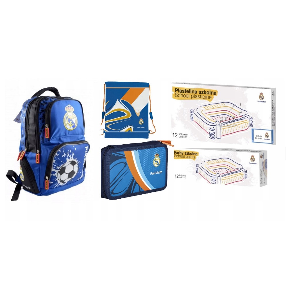 Set rucsac scoala, Real Madrid, penar, sac pentru pantofi, plastilina, acuarele, multicolor