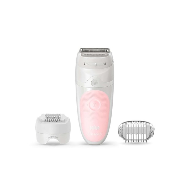 Епилатор Braun Silk-épil 5 5-620, SensoSmart, Wet&Dry, MicroGrip, 28 пинсети, масажираща капачка, несесер, бял/розов
