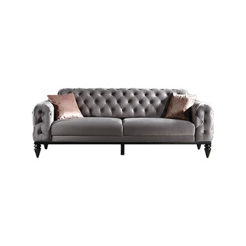 Canapea fixa JASMINE, MobAmbient, Gri, material textil, structura lemn masiv, stofa catifelata, spatar si brate tip Chesterfield, picioare lemn masiv elegante, 2 perne incluse, 225 x 95 cm Canapea fixa JASMINE, MobAmbient, Gri, material textil, structura lemn masiv, stofa catifelata, spatar si brate tip Chesterfield, picioare lemn masiv elegante, 2 perne incluse, 225 x 95 cm