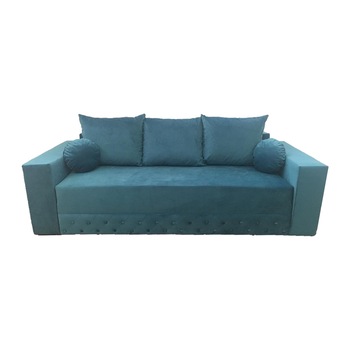 Canapea extensibila Kansas, MobAmbient, Albastru, laterale brate tip Chesterfield, material textil catifea, extensie din plasa de arcuri tip relaxa, cu lada de depozitare, 3 perne mari incluse, 240 x 140 cm Canapea extensibila Kansas, MobAmbient, Albastru, laterale brate tip Chesterfield, material textil catifea, extensie din plasa de arcuri tip relaxa, cu lada de depozitare, 3 perne mari incluse, 240 x 140 cm