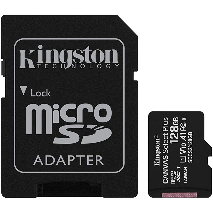 Карта памет MicroSD 128 GB Kingston + SD адаптер клас 10, Canvas Plus Трансфлаш, Secure Digital class 10 Transflash