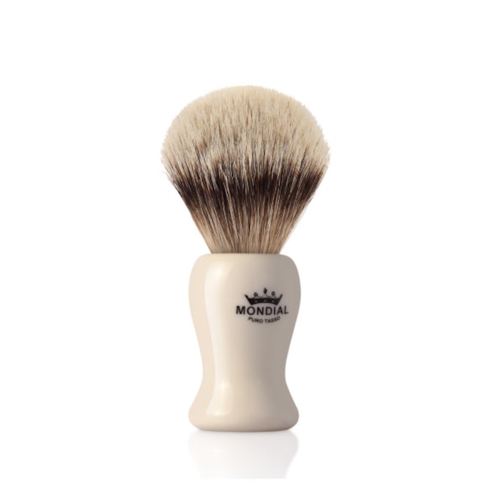 Четка за бръснене Mondial1908 с естествен косъм от Super Badger, пластмасова дръжка, цвят слонова кост