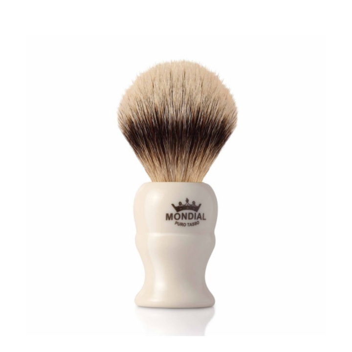 Четка за бръснене Mondial1908 с естествен косъм от Silver Badger, цвят на дръжката слонова кост, размер на главата L