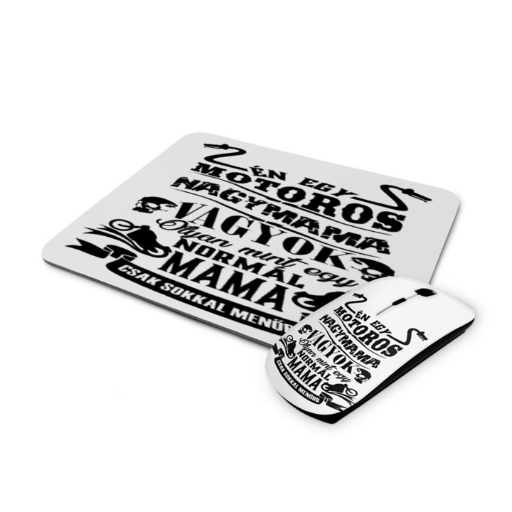 Motoros nagymama mintás vezetéknélküli egér és egérpad