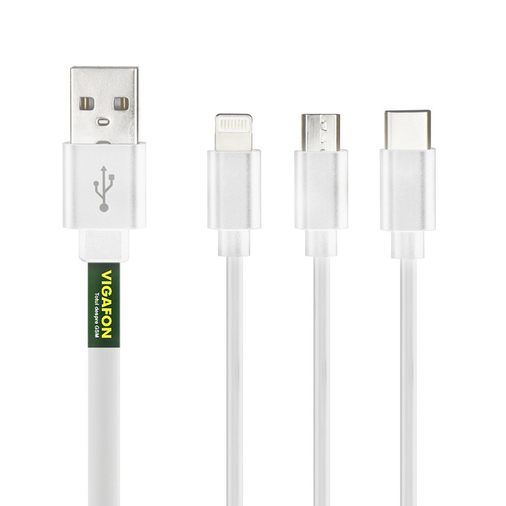 Кабел 3 в 1 VIGAFON, MicroUSB plus Lighthing 8-pin и USB Type C, Бял