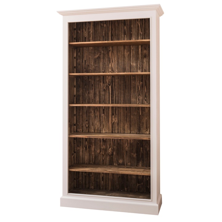 Biblioteca 5 etajere, culoare exterior alb murdar / culoare interior maro, 100% lemn masiv, 210x110x39 cm