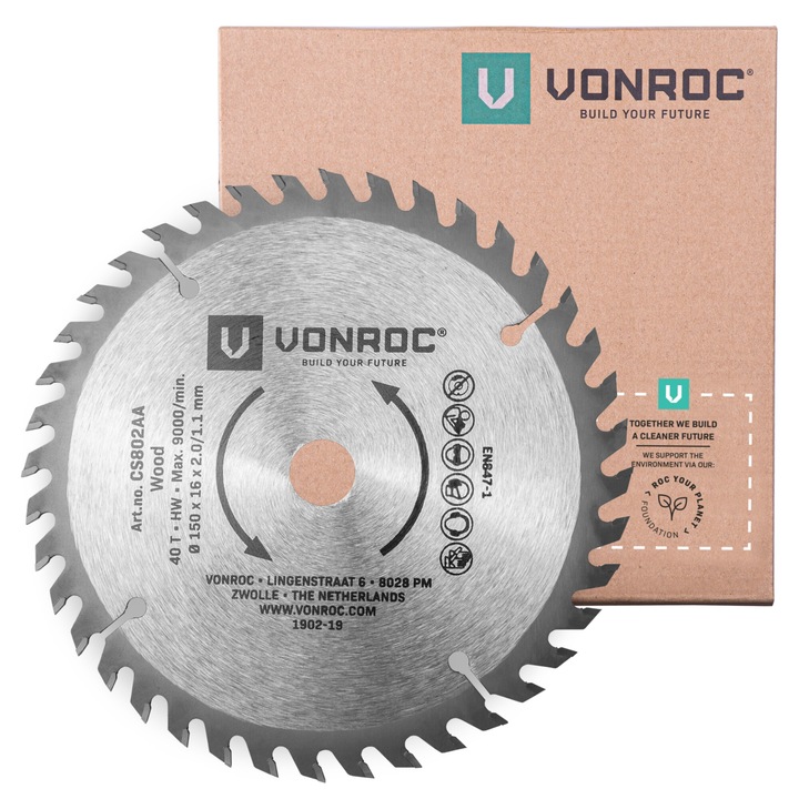 Körfűrészlap, VONROC, CS802AA, 150 x 16mm, 40T, fához alkalmas, univerzális, extra vékony, kifejezetten akkumulátoros körfűrészeknek