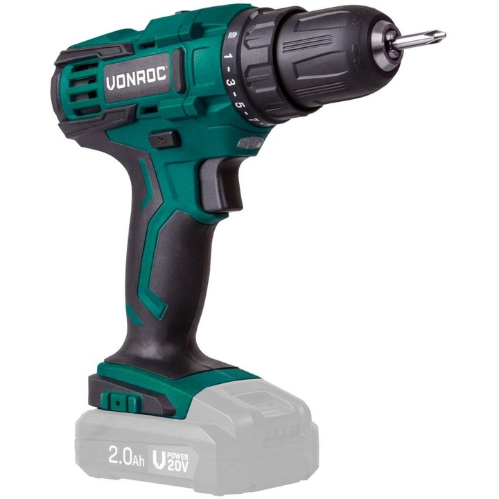 Masina de gaurit si insurubat VONROC CD501DC, compatibila cu acumulatori 20V, cu lumina de lucru LED, cuplu de 40Nm, mandrina rapida 13mm, fara baterie si incarcator
