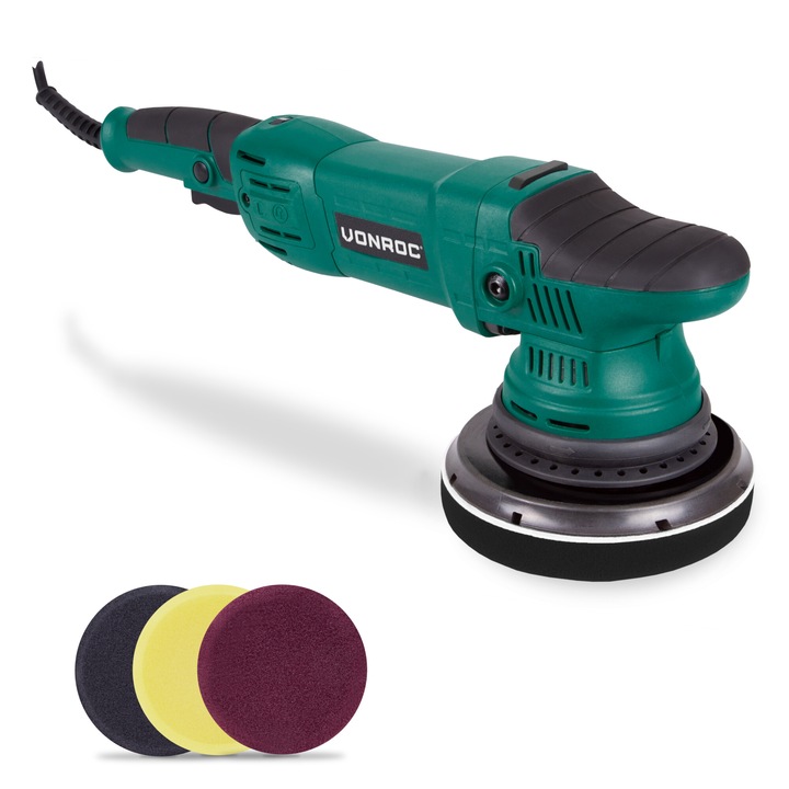 Masina de polisat duala VONROC S_PM501AC, putere 1050W, talpa 150mm, cu scai, cablu 4m, cheie imbus, inclus 4 bureti lustruire, Verde