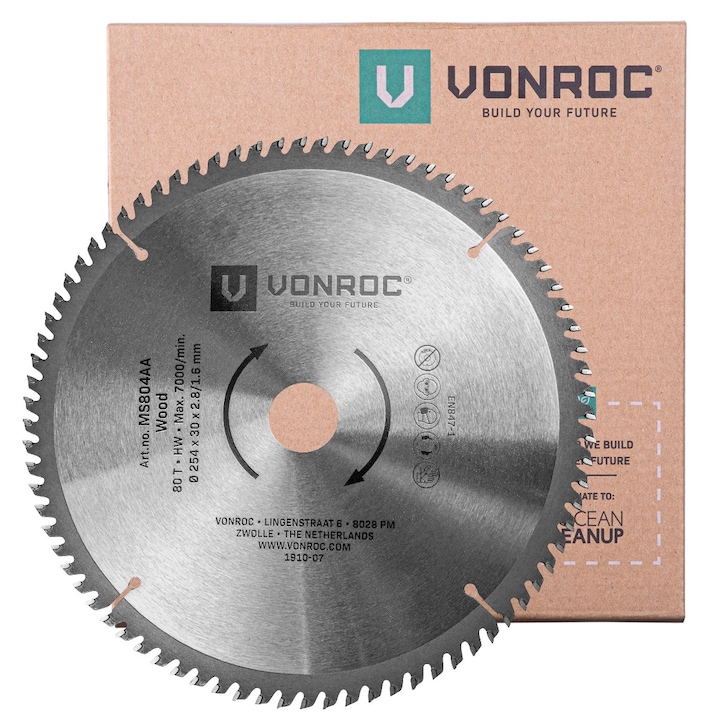Panza circulara VONROC MS804AA, dimensiune 254x30mm, numar de dinti 80, pentru taiat lemn, Universal