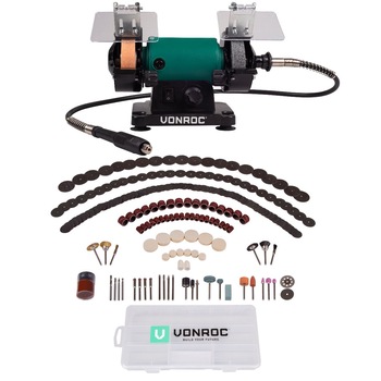Polizor de banc, VONROC, S_BG501AC, Set cu 192 accesorii, 150W, Verde/Negru Polizor de banc, VONROC, S_BG501AC, Set cu 192 accesorii, 150W, Verde/Negru