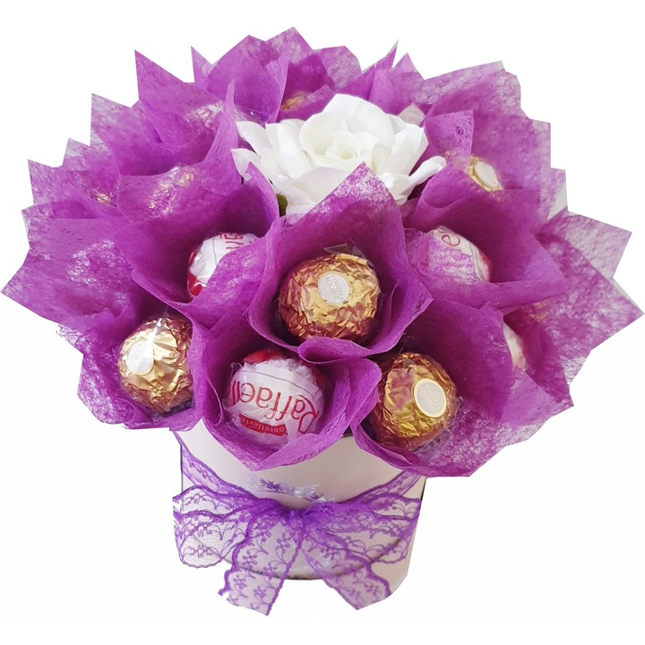 Aranjament dulce din praline din ciocolata, 20 praline, 1 trandafir din material textil, cutie cu bomboane