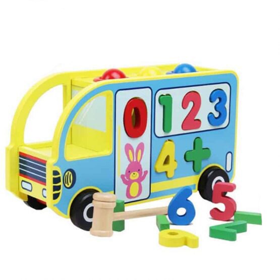 Camion interactiv de lemn Montessori 5 in 1 cu ciocanel si sortator