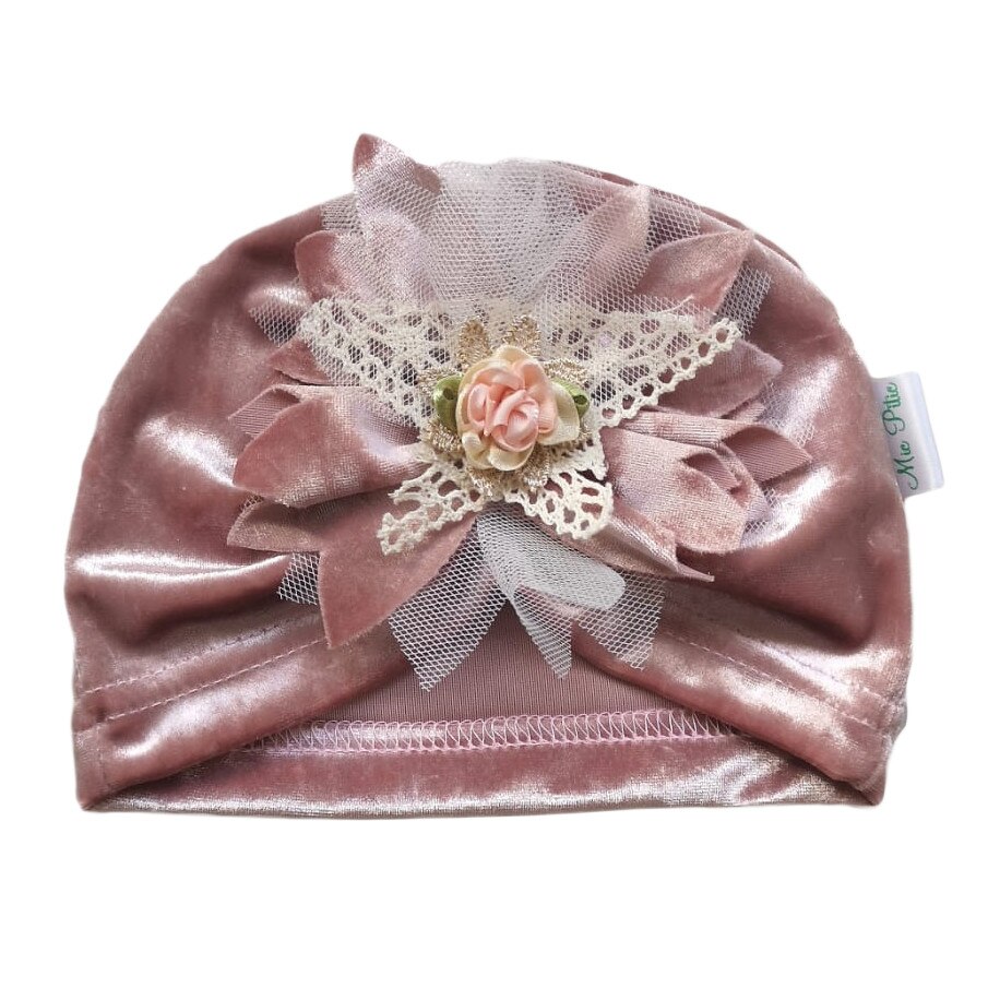 Turban Mic Pitic T87NN din catifea cu floare tul si dantela, Roz Pudra