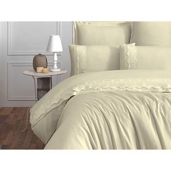 Lenjerie de pat dublu, 6 Piese, Clasy, model Mona Ekru , Bumbac 100%, Satin Lenjerie de pat dublu, 6 Piese, Clasy, model Mona Ekru , Bumbac 100%, Satin