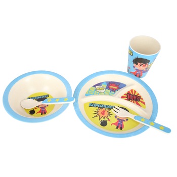 Set serviciu masa, 5 piese din Fibre de bambus pentru copii BM010/SUPER EROI Set serviciu masa, 5 piese din Fibre de bambus pentru copii BM010/SUPER EROI