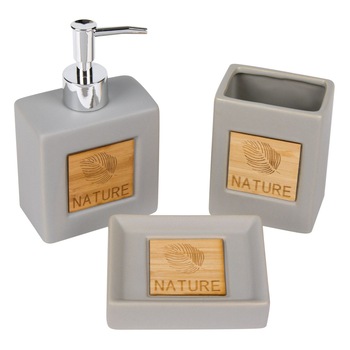 Set de baie din ceramica si bambus, 3 piese, gri, lemn Set de baie din ceramica si bambus, 3 piese, gri, lemn