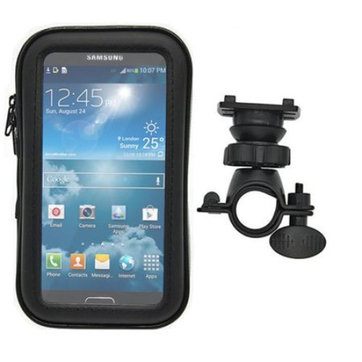 SOHO 360 Fokban forgatható kerékpáros telefontartó vízálló telefontokkal, Kormányrögzítéssel, Univerzális kompatibilitás, Fekete