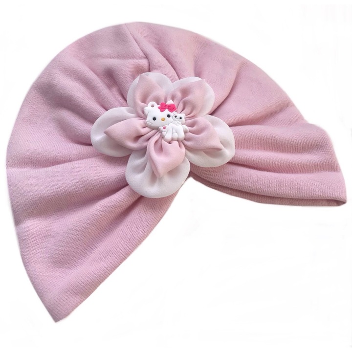 Turban primavara roz cu floare alba si hello kitty, Roz